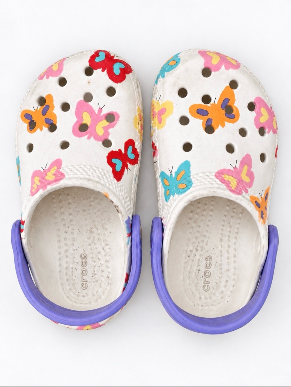 CROCS White Kids' Butterfly Print Clogs with Purple Heel Strap